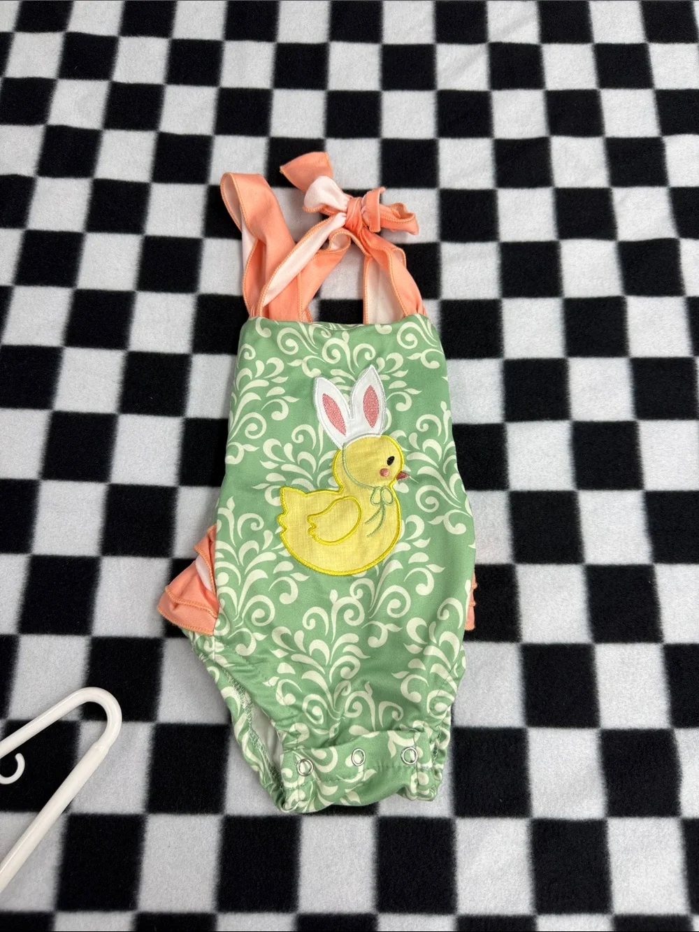 Green Baby Romper with Bunny-Duck Applique
